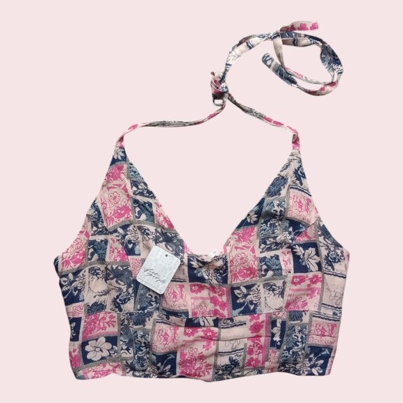 Free People Rae Crop Halter Top in Summer Combo (Pink, Blue, & Cream Print) S - Picture 5 of 7